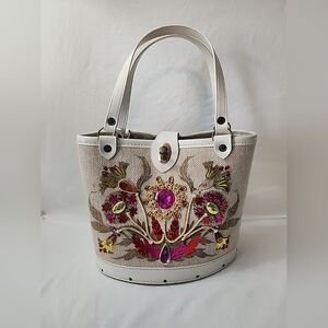 Vtg MCM Enid Collins Texas Style tote Handbag Floral Jewels boho wood base folk